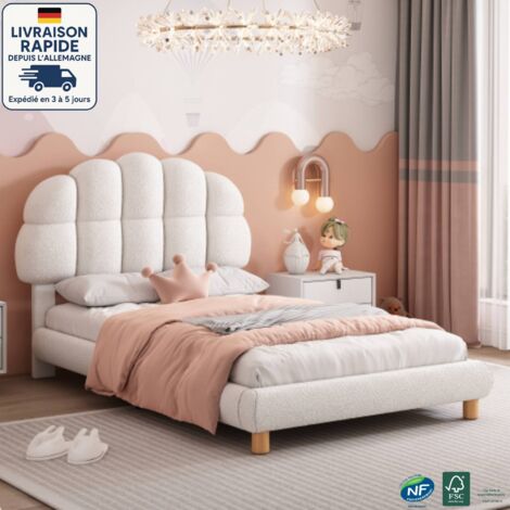 Letto imbottito 90x200 cm, letto singolo con rete a doghe in legno, tessuto non tessuto rotondo, design moderno, bianco