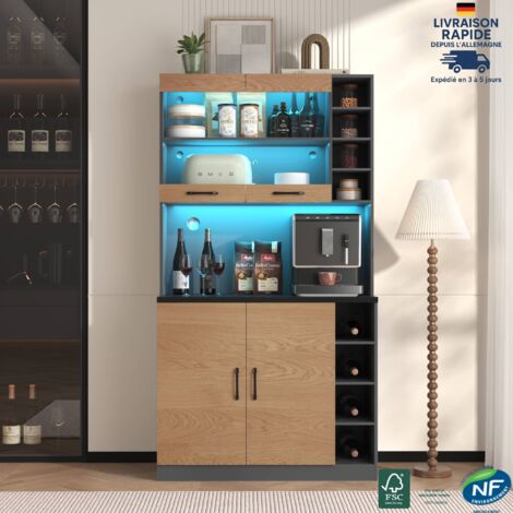 Mobile cucina multi-spazio 2 ante 3 cassetti 3 ripiani con illuminazione LED d'atmosfera e gestione dei cavi + 100x47x187cm bicolore nero + colore naturale