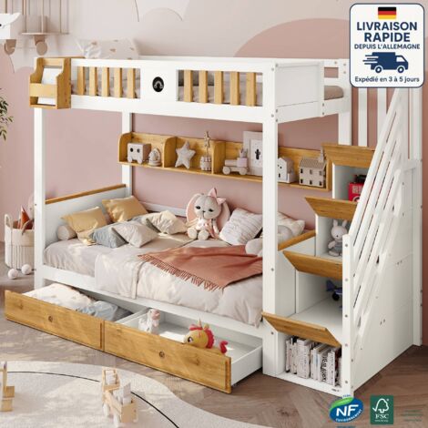 Letto a castello 90x200 cm, Letto per bambini, Ampio spazio di archiviazione, Struttura in pino e MDF - Legno certificato PEFC - Scandinavo - Bianco + Colore naturale (1/5)