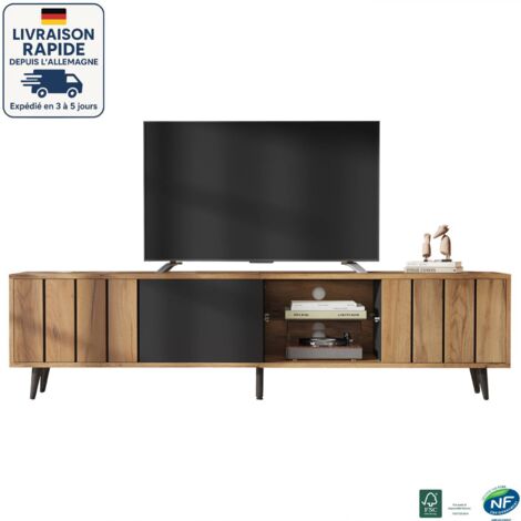 Mobile TV 175cm - Esterno in legno - Parete divisoria in vetro temperato - Gambe in metallo - Ampio spazio di archiviazione - Design minimalista - Legno certificato PEFC (1/5)