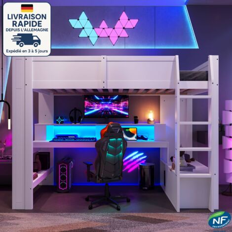 Letto a soppalco 90 x 200 cm - Letto a soppalco per adulti/bambini - Scrivania con illuminazione a LED, cassetti, ripiani, materasso non incluso - Legno certificato PEFC - Bianco