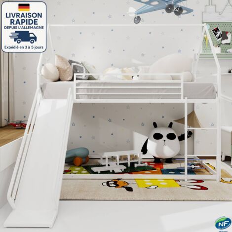 Letto a soppalco in metallo 90x190 - Struttura letto a forma di casa con scivolo, perfetta per la cameretta dei bambini - Facile da montare - Bianco