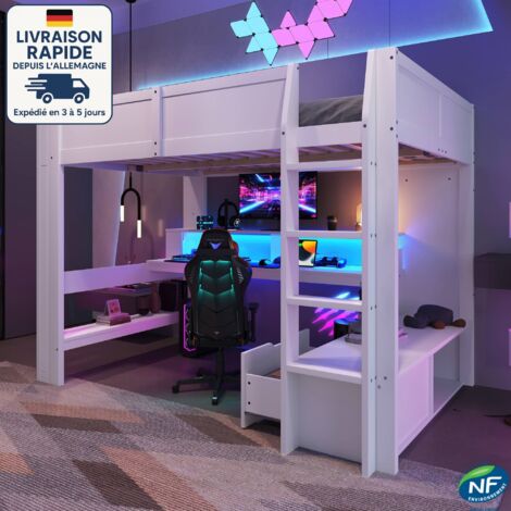 Letto a soppalco 140 x 200 cm - Letto a soppalco per adulti/bambini - Scrivania con illuminazione a LED, cassetti, ripiani, materasso non incluso - Legno certificato PEFC - Bianco