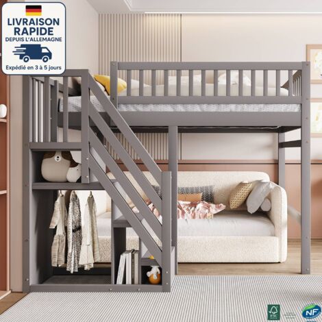 MODFU - Letto a soppalco in legno per bambini 140×200cm per 2 persone, con contenitore, letto per ragazzi, senza materasso, protezione anticaduta, grigio