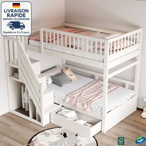 MODFU - Letto a castello 90x200 cm, legno certificato PEFC, letto di sicurezza rinforzato con sponde alte, rete a doghe, scaletta di sicurezza con contenitore, cassetti portaoggetti -- bianco
