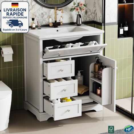 MODFU - Mobile da bagno con lavabo, 3 cassetti e 2 ante, vernice idrorepellente, guide silenziose, 76x46x87cm, bianco (1/5)