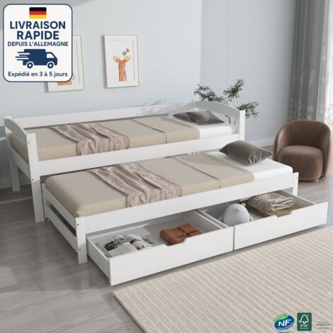 MODFU - Divano letto per bambini 90×190/200 cm con letto estraibile, 2 cassetti, senza materasso, MDF, bianco
