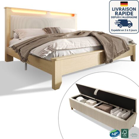 Letto imbottito 180 x 200 cm con porta USB, illuminazione a LED e rete a doghe, materiale di lino, design moderno, per ragazzi e ragazzi, robusto telaio in metallo, grigio/beige chiaro, senza