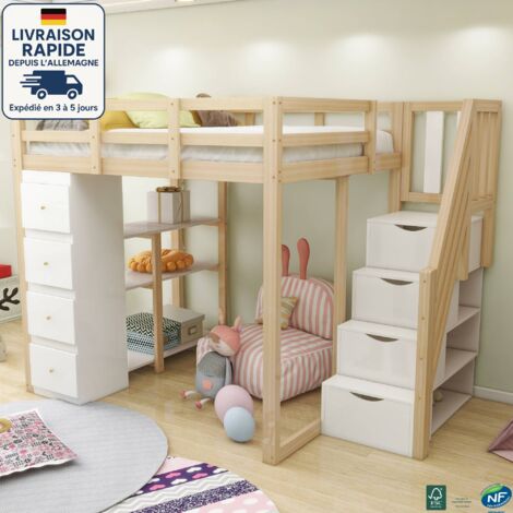 MODFU - Letto a soppalco per adulti e bambini 140×200cm con 4 cassetti e 3 ripiani, scaletta portaoggetti, senza materasso, anticaduta, naturale