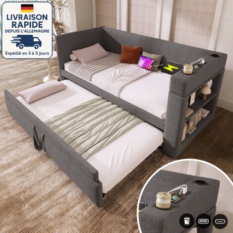 MODFU - Divano letto per bambini 90×180/190cm con letto estraibile, USB + Type-C, contenitore aperto, rete a doghe, senza materasso, lino, grigio