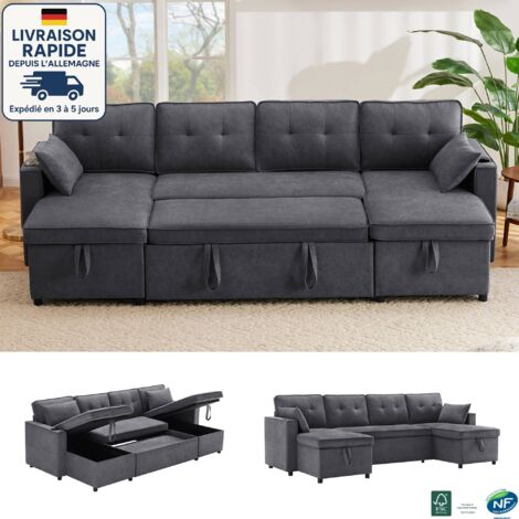 MODFU - Divano letto angolare a 4 posti con 2 cuscini e 2 portabicchieri, divano da soggiorno con spazio contenitore, lino, grigio