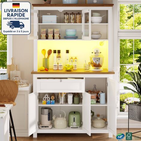 MODFU - Credenza da cucina a LED, vetrina per soggiorno, mobile contenitore, ripiani regolabili, MDF, 5 ante, 1 cassetto, 101×40×180 cm, bianco