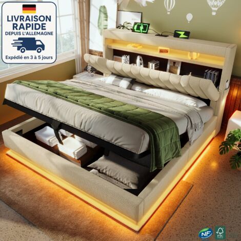MODFU - Letto contenitore per adulti 160×200cm, LED, testiera con contenitore, porte USB e Type-C, base imbottita, senza materasso, lino, beige (1/5)