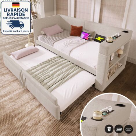 MODFU - Divano letto per bambini 90×180/200cm con letto estraibile, USB + Type-C, contenitore aperto, rete a doghe, senza materasso, lino, beige