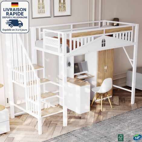 MODFU - Letto a soppalco in metallo per bambini 90x200cm con scaletta, rete a doghe, protezione anticaduta, senza materasso, bianco