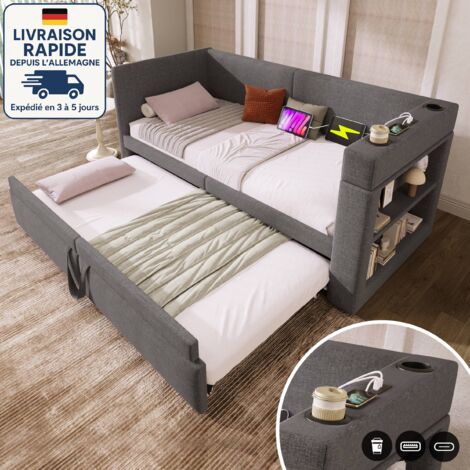 MODFU - Divano letto per bambini 90×180/200cm con letto estraibile, USB + Type-C, contenitore aperto, rete a doghe, senza materasso, lino, grigio