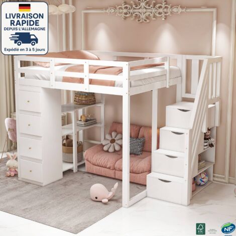 MODFU - Letto a soppalco per adulti e bambini 140×200cm con 4 cassetti e 3 ripiani, scaletta portaoggetti, senza materasso, anticaduta, bianco