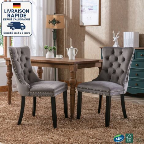 Set di 2 sedie in velluto e legno - Vintage/Retro - Legno massello trapuntato di alta qualità - Con gambe in legno e finiture con borchie - Grigio