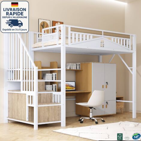 MODFU - Letto a soppalco in metallo per bambini 90x200cm con 1 contenitore, senza materasso, anticaduta, bianco