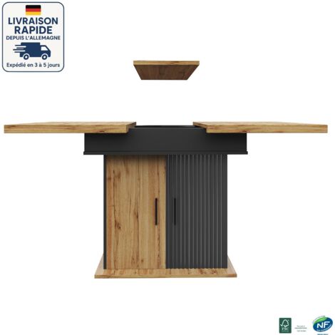 MODFU - Tavolo da pranzo allungabile per 4-6 persone 110-140×80cm con contenitore, tavolo da cucina e soggiorno, MDF, 2 ante, naturale+nero