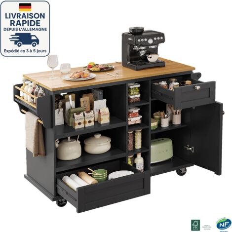 MODFU - Carrello da cucina con tavolo da bar, 2 cassetti e 1 anta, vano a giorno, 129x46x92cm, MDF, nero