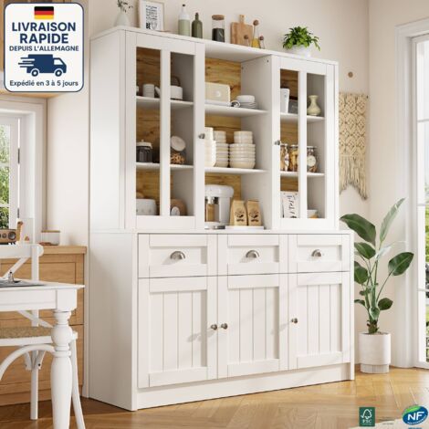 MODFU - Credenza da cucina, vetrina da soggiorno, 5 ante, 3 cassetti, mobile alto, 140×40×175cm, MDF, con dispositivo antiribaltamento, bianco (1/5)