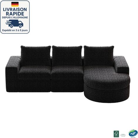 MODFU - Divano angolare a 3 posti, divano modulare a L, tessuto in ciniglia, imbottitura in schiuma, divano per soggiorno/camera da letto, 251×160×81 cm, nero