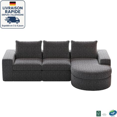 MODFU - Divano angolare a 3 posti, divano modulare a L, tessuto in ciniglia, imbottitura in schiuma, divano per soggiorno/camera da letto, 251×160×81 cm, grigio