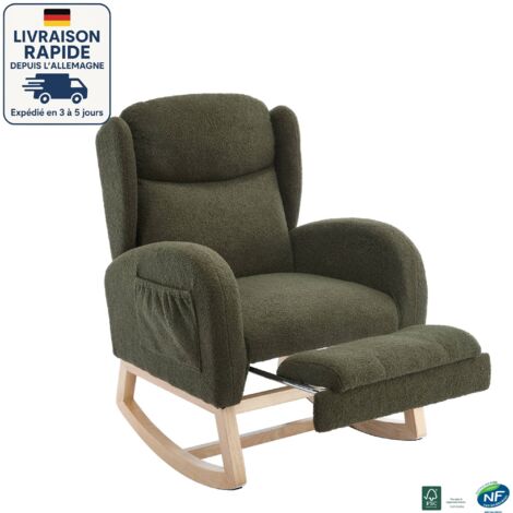 MODFU - Sedia a dondolo, poltrona, con tasche laterali e poggiapiedi regolabile, in tessuto teddy, adatta per soggiorno/camera da letto, verde