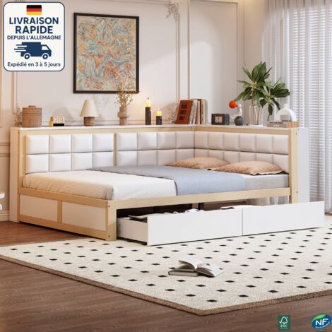 MODFU - Divano letto per adulti in legno 140x200cm con 2 cassetti, rete a doghe imbottita, senza materasso, bianco+naturale (1/5)