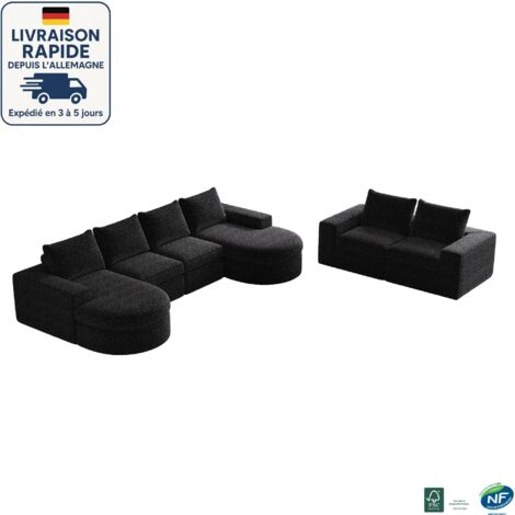 MODFU - Divano angolare con 2 poltrone reclinabili, componibile a libera combinazione, tessuto ciniglia, imbottitura in schiuma, nero