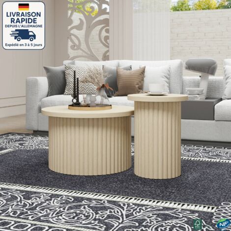 MODFU - Tavolino da caffè rotondo impilabile a 2 pezzi, effetto venatura del legno, tavolino laterale per divano, adatto per soggiorno, camera da letto, naturale (1/5)