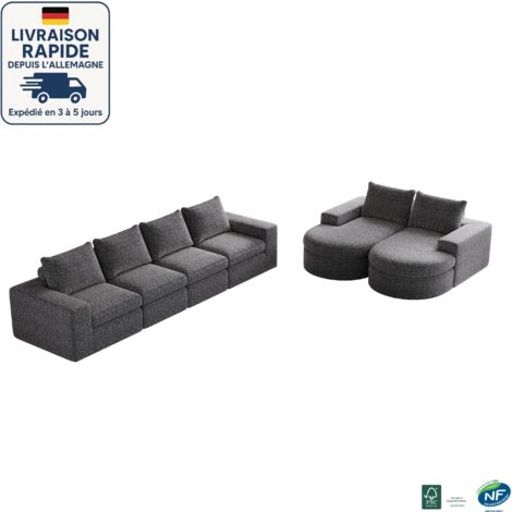 MODFU - Divano angolare con 2 poltrone reclinabili, componibile a libera combinazione, tessuto ciniglia, imbottitura in schiuma, grigio