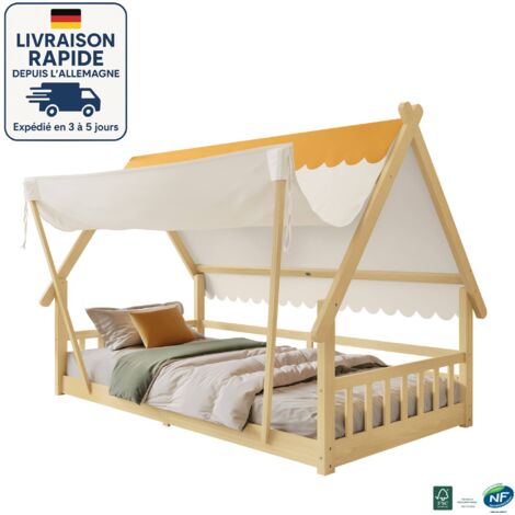 Letto per bambini 90x200cm - Letto a castello per bambini - Tenda rimovibile, rete a doghe stabile con sponde di sicurezza - Legno certificato PEFC - Pino + compensato - colore naturale (1/5)
