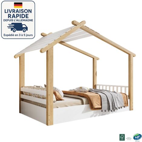 Letto per bambini 90x190cm - Letto a soppalco per bambini - Raffinato design in stile baita, stabile rete a doghe, design semplice, pino + truciolato + MDF, bianco + colore naturale (1/5)