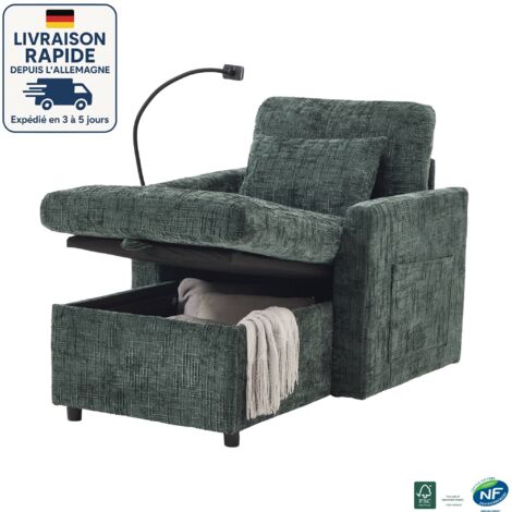 MODFU - Divano relax con contenitore, 1 cuscino, 2 tasche laterali, con porta telefono, soggiorno/camera da letto, tessuto ciniglia, verde