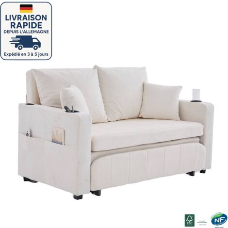MODFU - Divano letto 2 posti, divano dritto, 4 cuscini, schienale regolabile 90°/180°, porta USB + portabicchieri, soggiorno/camera da letto, beige