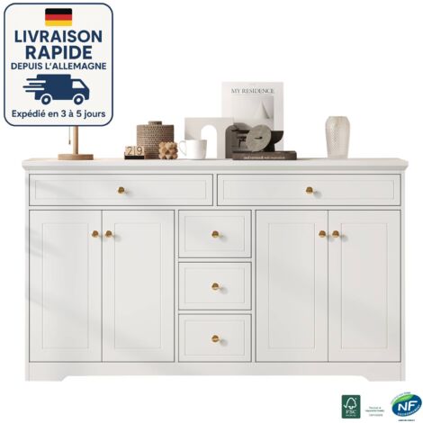 Credenza bianca con LED, 3 cassetti e 2 ante, ripiani regolabili - per