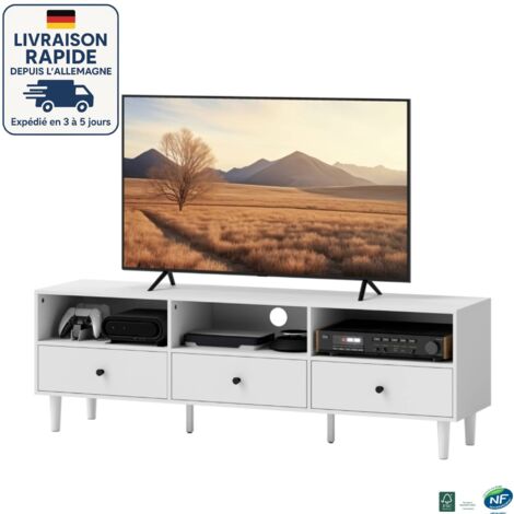 MODFU - Mobile TV bianco con 3 cassetti, adatto a TV fino a 75 pollici, mobile basso per soggiorno/camera da letto, 140x34x45 cm (1/5)