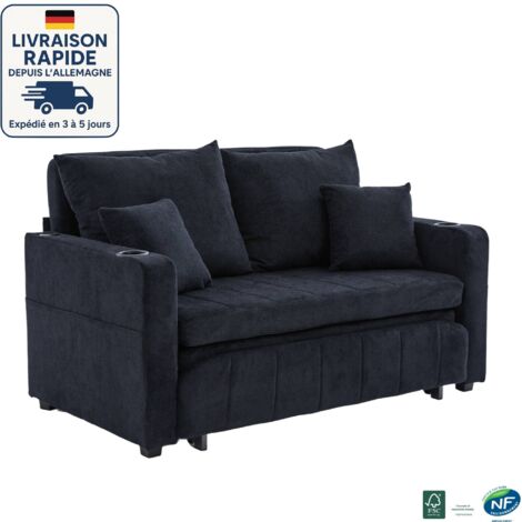 MODFU - Divano letto 2 posti, divano dritto, 4 cuscini, schienale regolabile 90°/180°, porta USB + portabicchieri, soggiorno/camera da letto, nero