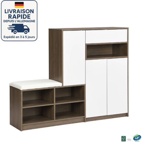 MODFU - Scarpiera con sgabello, 3 ante, 1 cassetto, ripiani regolabili in altezza, credenza ingresso/soggiorno, 140×35×110cm, naturale+bianco (1/5)