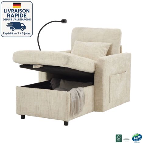 MODFU - Divano relax con contenitore, 1 cuscino, 2 tasche laterali, con porta telefono, soggiorno/camera da letto, tessuto ciniglia, beige