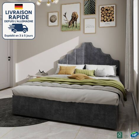 Letto contenitore 140x200cm - Letto per adulti - Testiera geometrica - Struttura in legno rivestita in lana olandese e imbottita - Design semplice ed elegante - Grigio (1/5)