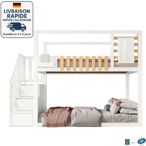MODFU - Letto a castello in legno per bambini 90x200cm, con scaletta contenitore, senza materasso, anticaduta, bianco