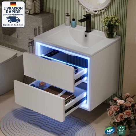Mobiletto Bagno 60x46x50 cm Lavabo monovasca con 2 cassetti, LED, ceramica + MDF, bianco