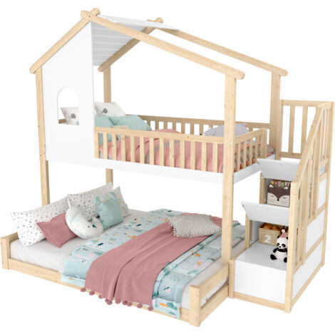 MODFU - Letto a castello in legno per bambini 90/140x200cm, 3 posti, letto a soppalco, con scala contenitore, materasso non incluso, anticaduta, bianco+naturale