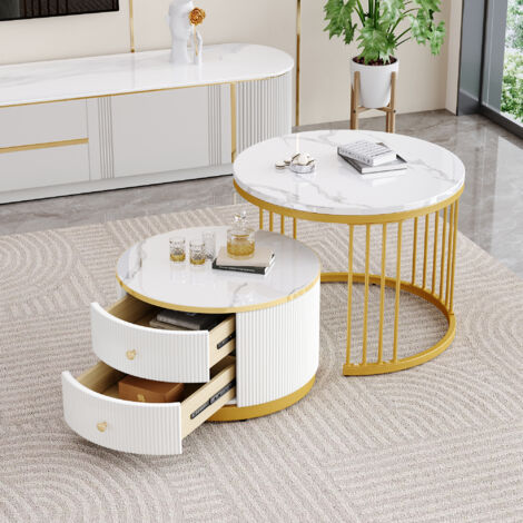 Tavolino da caffè rotondo MODFU, 2 cassetti, impiallacciatura in marmo, tavolino laterale per divano, MDF, 60×60×45,5+50×50×32 cm, bianco+oro
