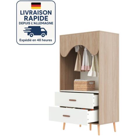 Armadio per bambini - armadio aperto - maniglie in legno massello - bianco + legno naturale, 80 × 46 × 141,5 cm