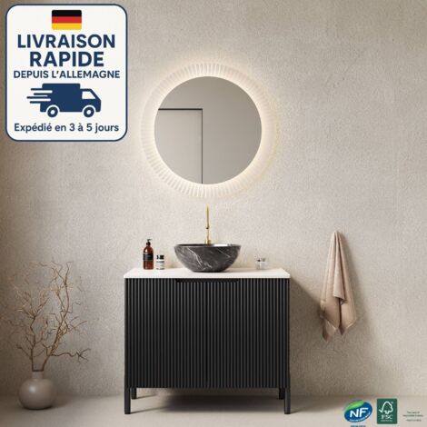 Mobile lavabo da bagno da 76 cm - Con lavabo con motivo pietra - Piano di lavoro in pietra di Carrara sinterizzata bianca - Armadi a doppia anta rigata - Laccato nero - A (1/5)