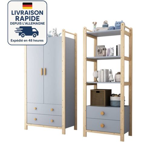 Armadio per bambini + Libreria per bambini - Set guardaroba - Struttura in abete - Blu - Altezza 180 cm - Legno certificato PEFC - Senza formaldeide